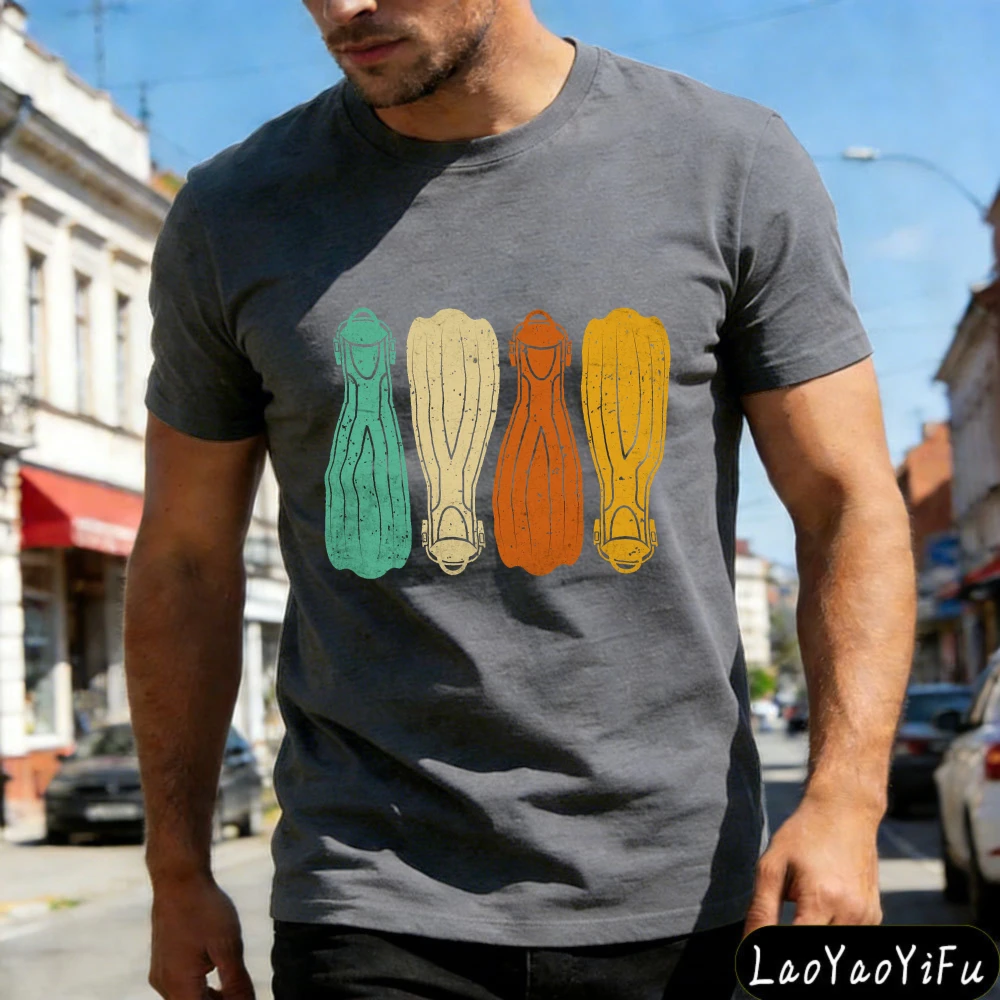 Diving Fins Pattern Summer Men T-Shirt Beach Wear Gift for Divers and Water Sports Lovers Casual Vintage Style Outdoor Tops