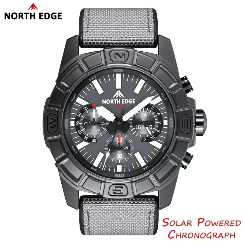 

Мужские кварцевые часы NORTH EDGE BLAZE на солнечной энергии, водонепроницаемые до 50 м, из сплава, пилотские наручные часы, светящийся хронограф-секундомер для мужчин