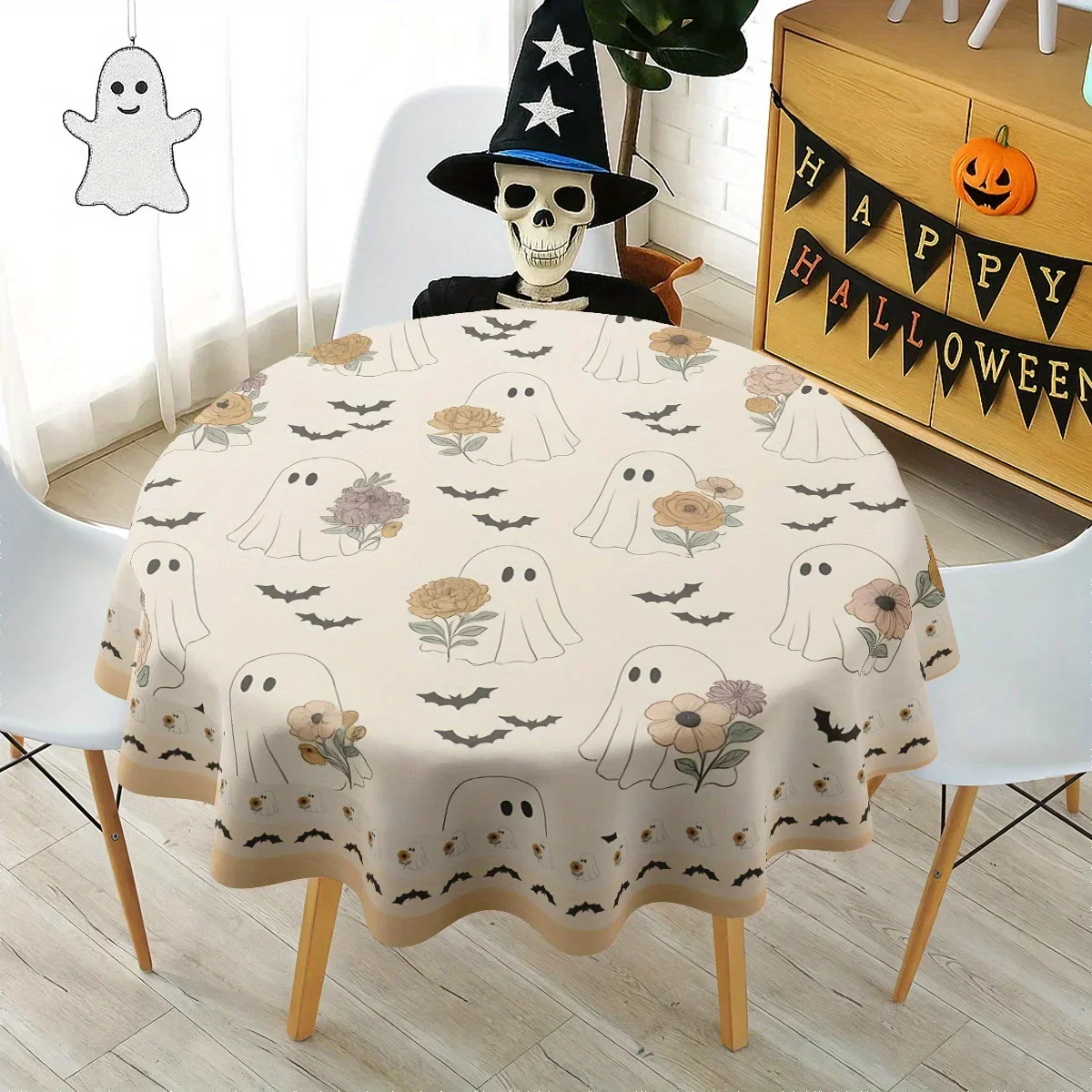 A Halloween-themed vintage tablecloth with ghost and flower patterns, available in round or square sizes.xzj