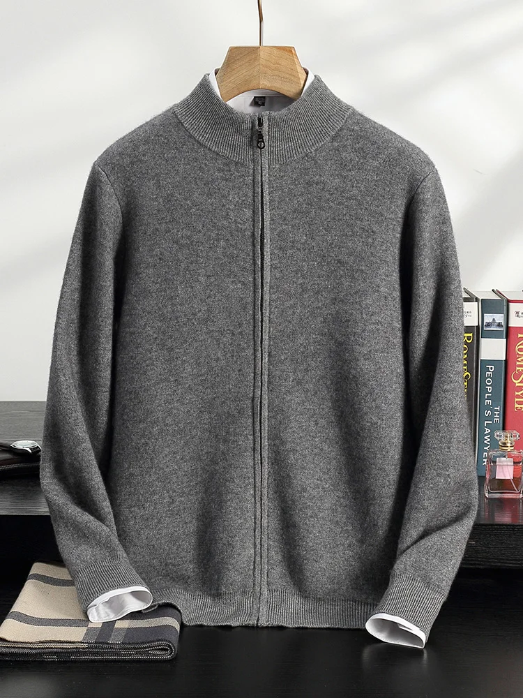 

Autumn Winter Men Cashmere Cardigan Zippers Mock Neck Long Sleeve Cashmere Sweater 100% Cashmere Knitwear Thick Soft Clothing