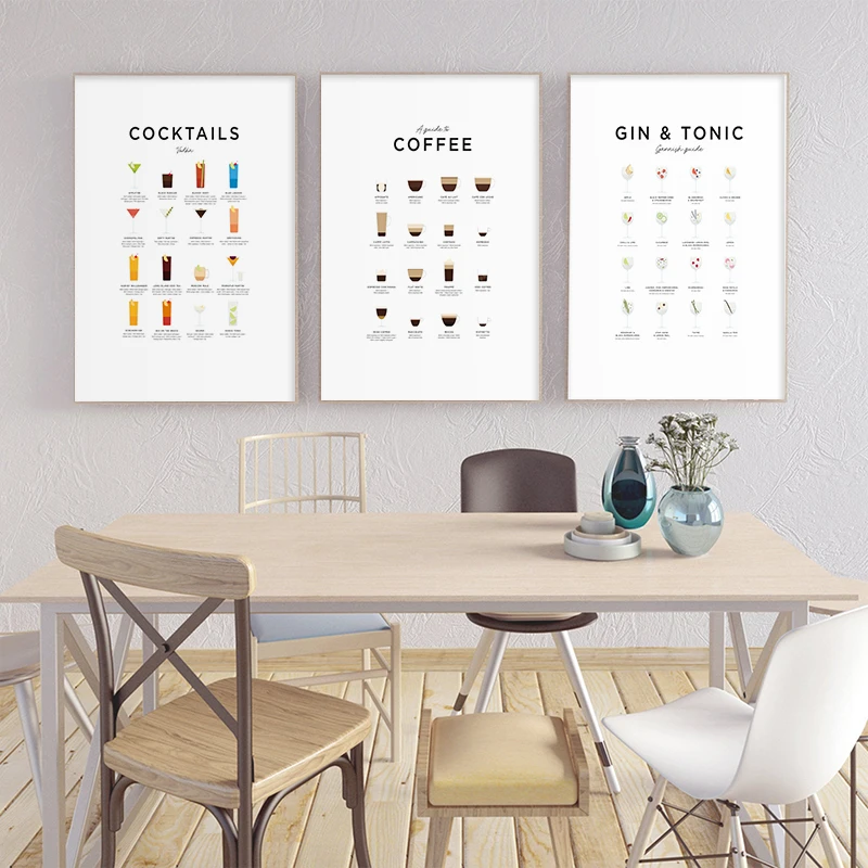 Póster moderno de Vodka, cócteles, café, Gin & Tonic, lienzo impreso, pintura, imagen artística de pared para decoración de sala de estar y restaurante