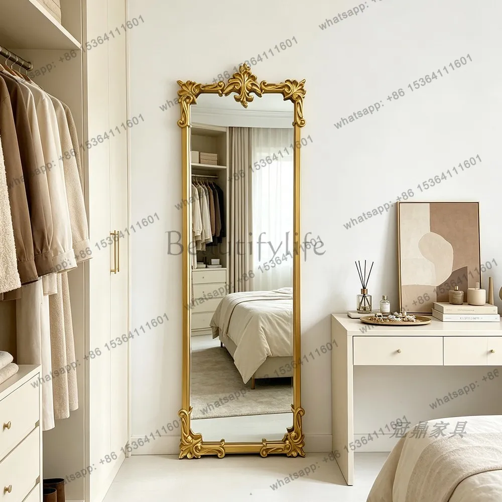 YJ French Retro Carved Rectangular Full‑Length Mirror Mid‑Century Floor Unit For American Luxury Bedroom Dressing Home Decor