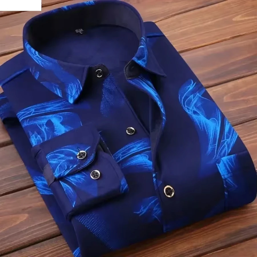 

High Quality Men's Clothing Men Long Sleeve Thick Warm Shirt Tops Fashion Men Print Handsome Versatile Shirts Formal Shirts