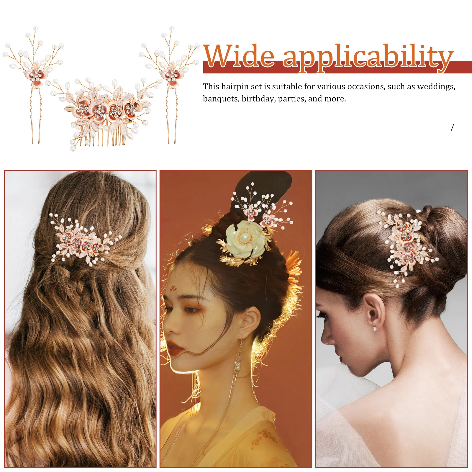 

3 Piece Hairpin Comb Set Decorative Combs Side Clips Pins Forks Buns Pearl Flower Leaf Design Women Hairstyle Accessories