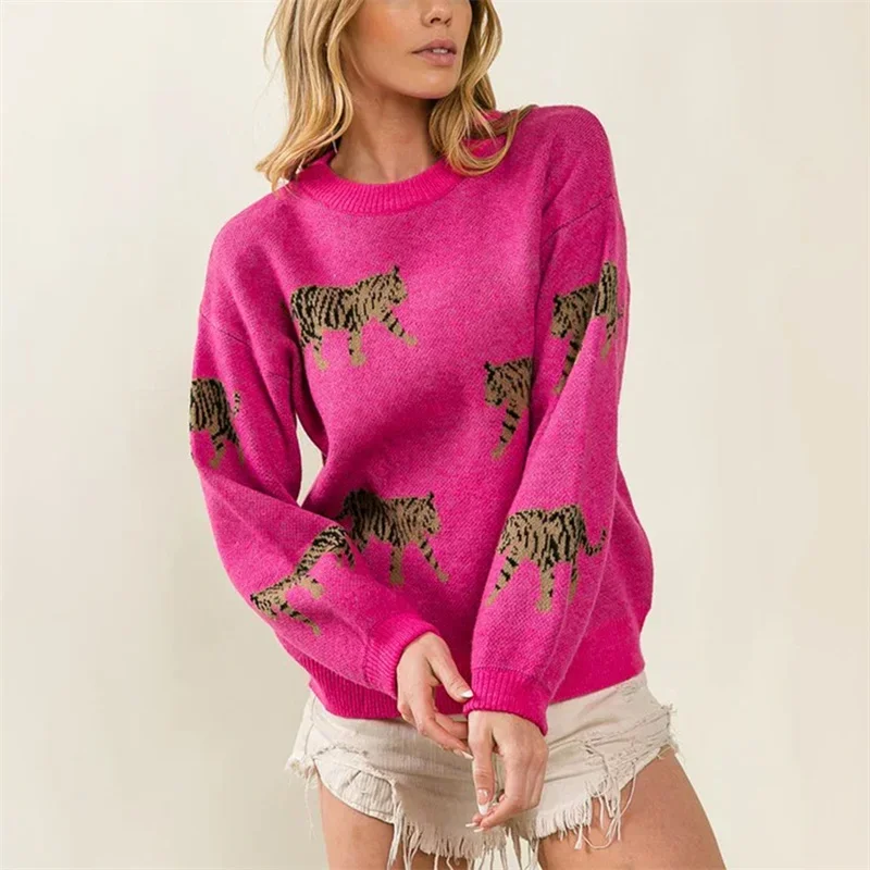 2024 Women Sweaters Loose Casual Winter Warm Tiger Print Long Sleeve Pullovers Basic Knitwear Fall Streetwear Jumper