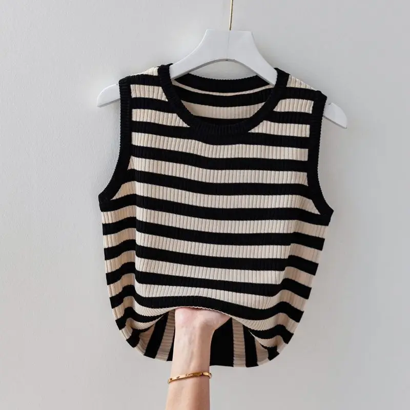 Summer Women\'s Clothing Pullover Screw Thread Round Neck Contrast Color Striped Casual T-shirt Fashion Trendy Classic Tops