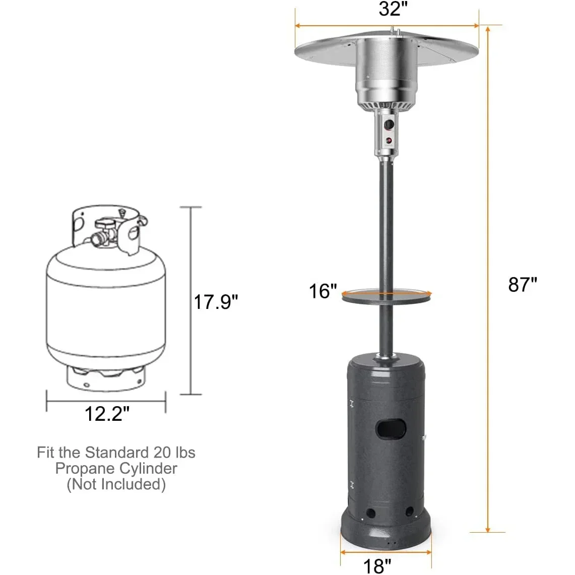 Basics 46,000 BTU Outdoor Propane Patio Heater with Wheels, Commercial & Residential, Slate Gray, 32.1 x 32.1 x 91.3 inches (LxW