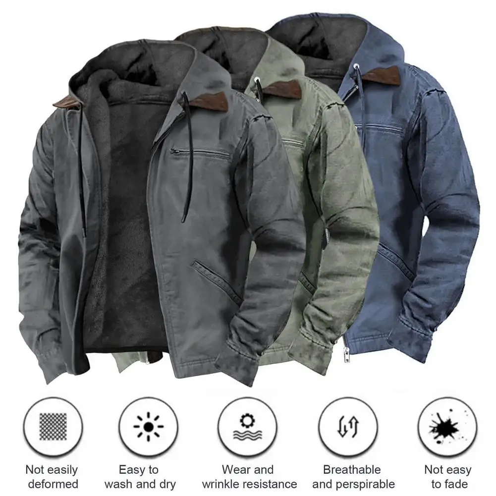 Men Sweatshirt Coat With Hooded Long Sleeve Multiple Pockets Zipper Placket Thickened Plush Lining Jacket Coat Casual Clothes