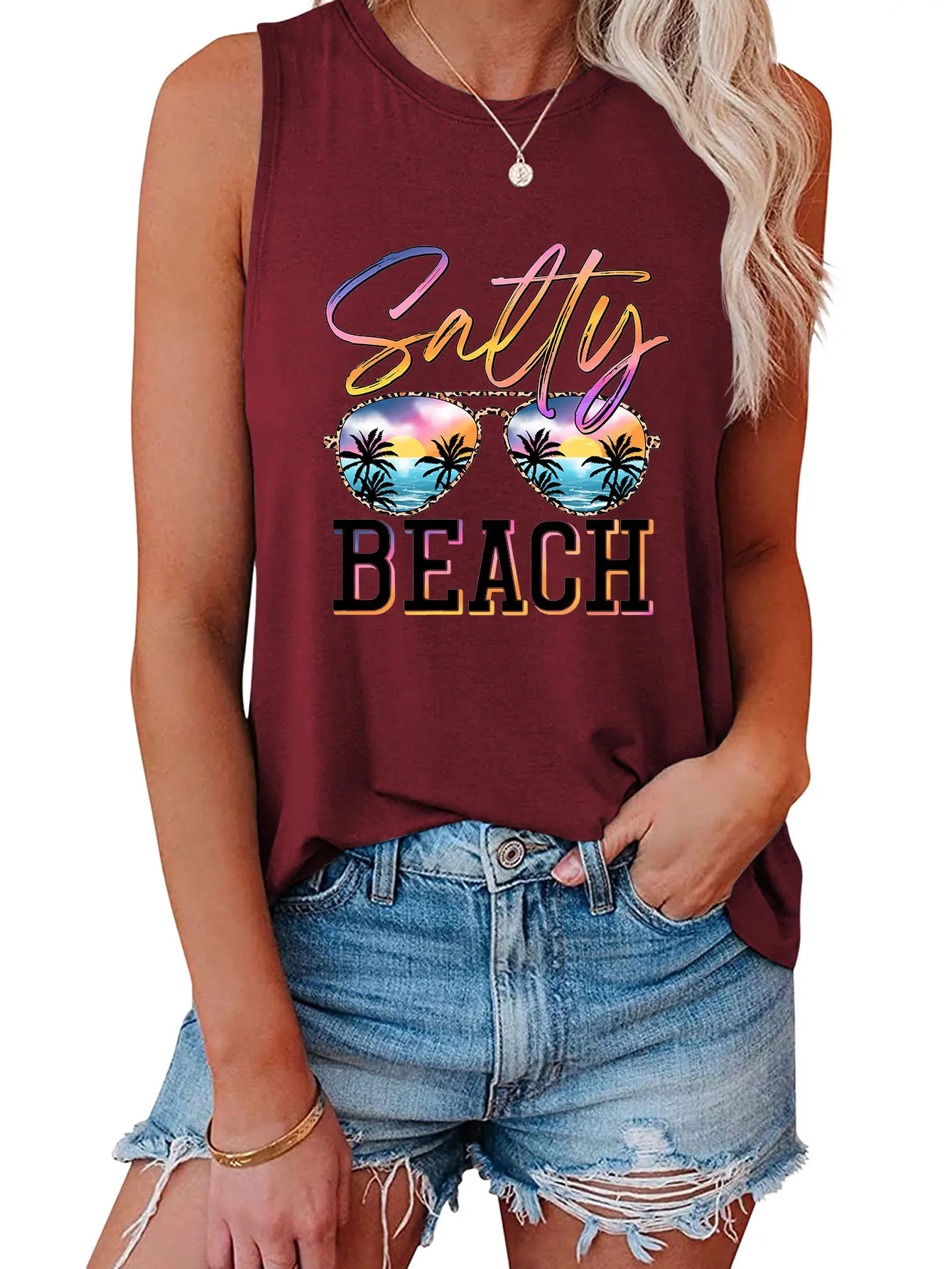 New casual vest SALTY BEACH sunglasses print summer fashion sleeveless shirt