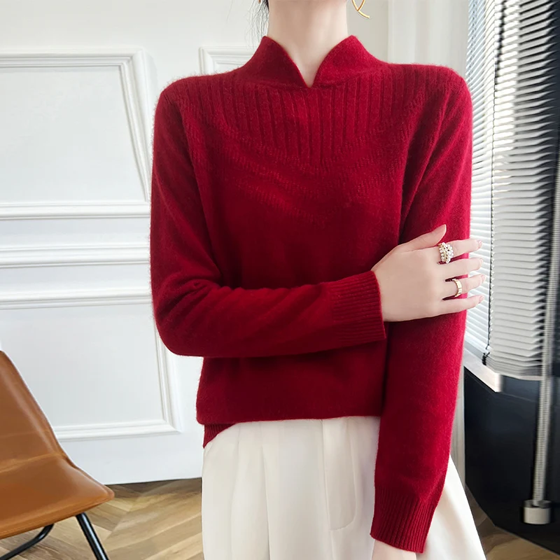 Moda Damska 100% Wełna Merino Jednolity Kolor Stójka Sweter Długi Rękaw Pulower Kaszmir Miękki Ciepły Delikatny Top Odzieżowy