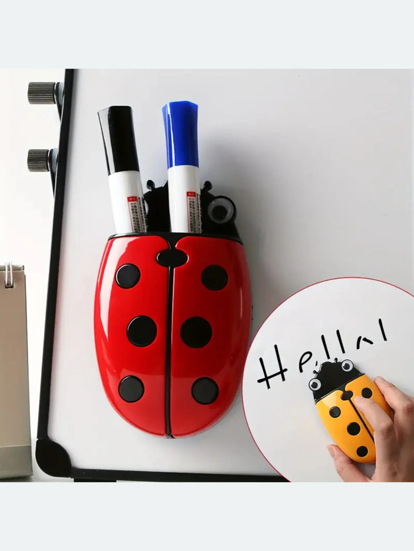 Ladybug Magnetic Pen Holder & Eraser - Dual-Use Whiteboard Accessory, Cartoon Plastic Storage Box for Decor BHL2352-FRO