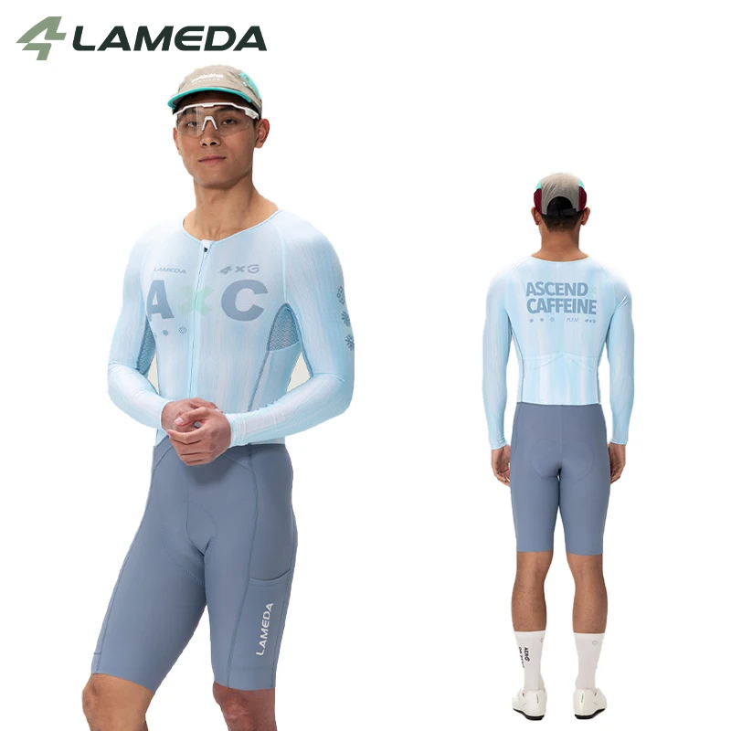LAMEDA Men's Cycling Jumpsuit Long Sleeve Shorts One-Piece Bike Suit Breathable Quick-Dry Bicycle Bodysuit Road MTB Riding Gear
