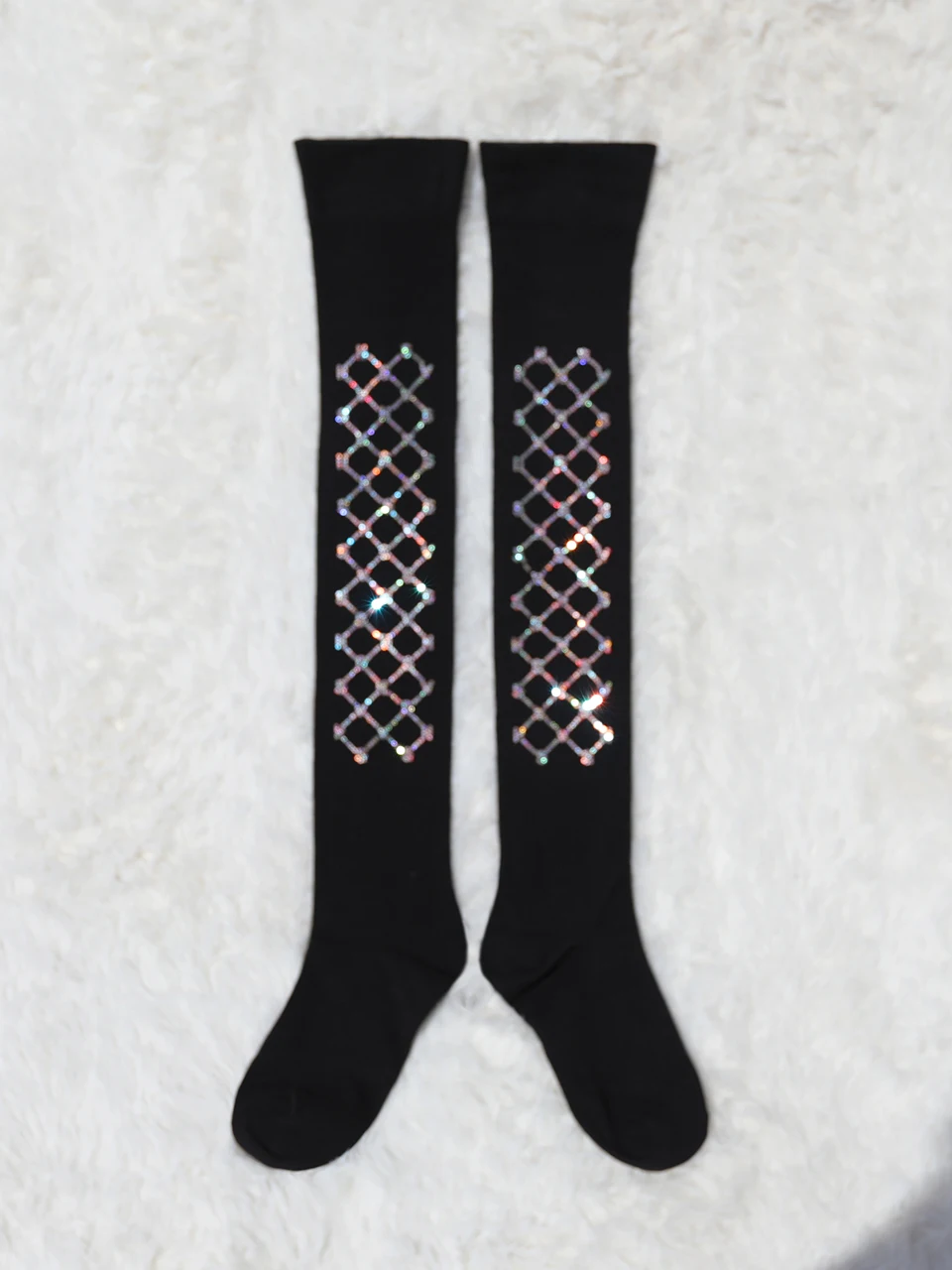 Overknee Women Black Stockings 2023 New Spring Autumn Geometry Colored Diamond Stretch Knitting High Tube Stocking Cotton Socks