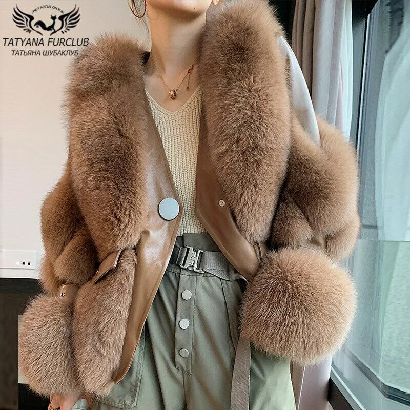 

Winter Women Real Fox Fur Coat Genuine Sheepskin Leather Jacket Outwear Overcoat women's clothing trend 2024 New in coats