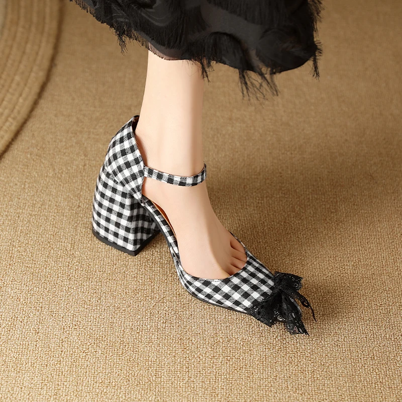 Plus Size Ultra-High Thick Heel Plaid Fabric Material Mary Jane Shoes With Tassels Decals Ankle Buckles Side Hollowed Out Sandal