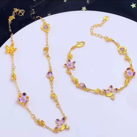 Light Luxury 9999 24K real gold Monet Garden Wish Kite Pearl inlaid bracelet necklace set enamel fashion set