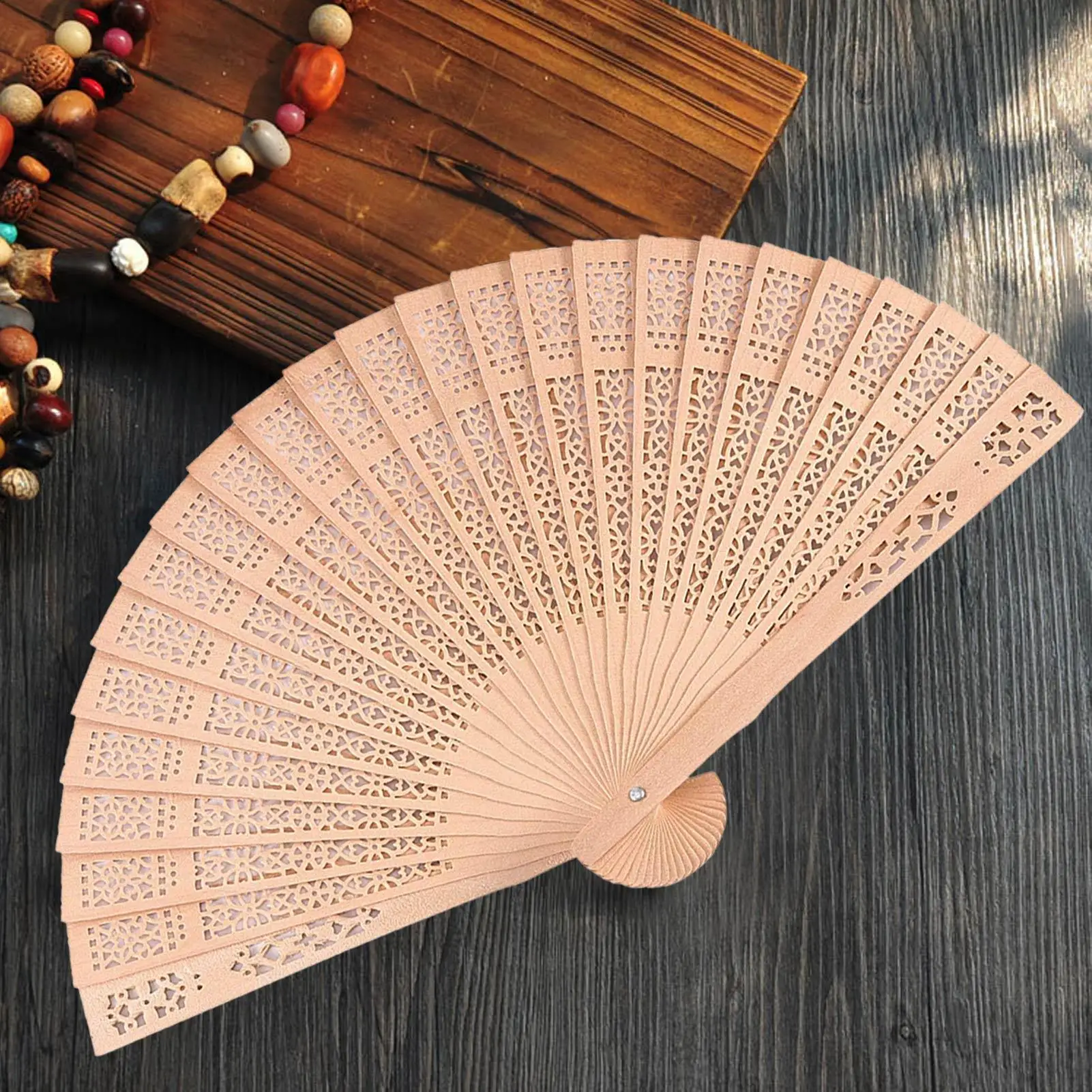 Chinese Sandalwood Scented Folding Hollow Wooden Fans Vintage Wooden Hand Held Fan Handmade Folding Fan Home Wedding Decor