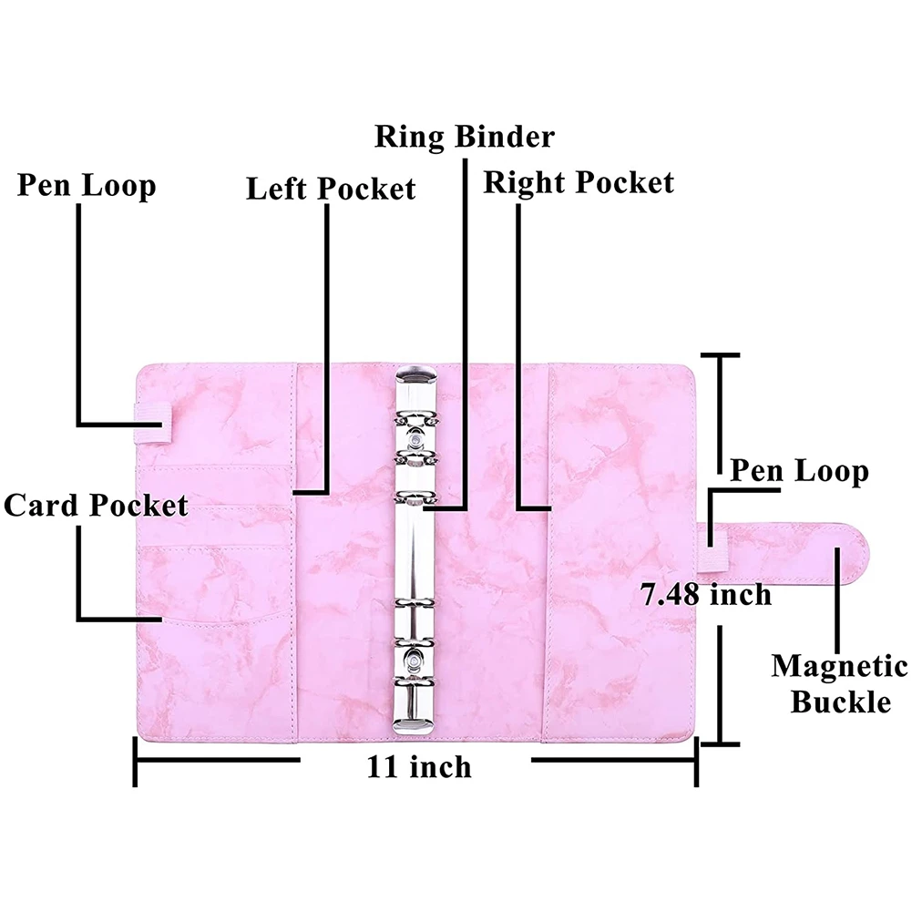 A6 PU Binder Cover with A6 Binder Pockets Loose Leaf Bags 6 Ring Budget Binder Cash Envelopes Money Saving System D
