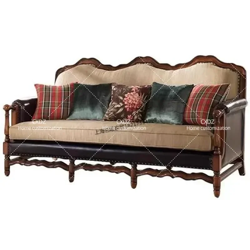 Retro Solid Wood Sofa Fabric Soft Cushion Luxury Neoclassical Carved Leather Sofa Set Living Room Furniture