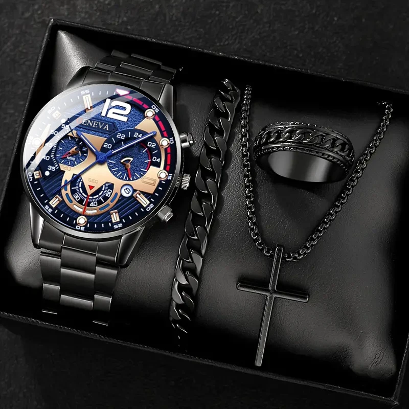 4PCS Fashion Business Alloy Men's alloy quartz watch with bracelet Ring Necklace set Birthday gift watch
