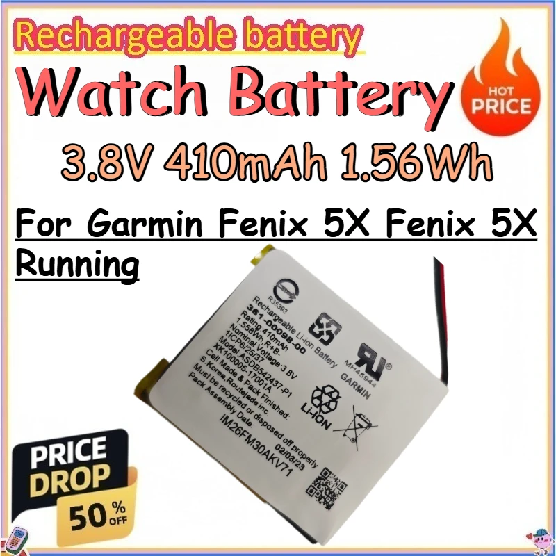 

3.8V 410mAh 1.56Wh Watch Battery for Garmin Fenix 5X Fenix 5X Running Replace Rechargeable Lithium Battery 361-00098-00