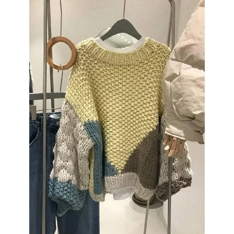 Plus Size Women's Loose-Fit Vintage Color Block Cable Knit Pullover Sweater Autumn/Winter 2024 New Style Idle Time Vintage Style