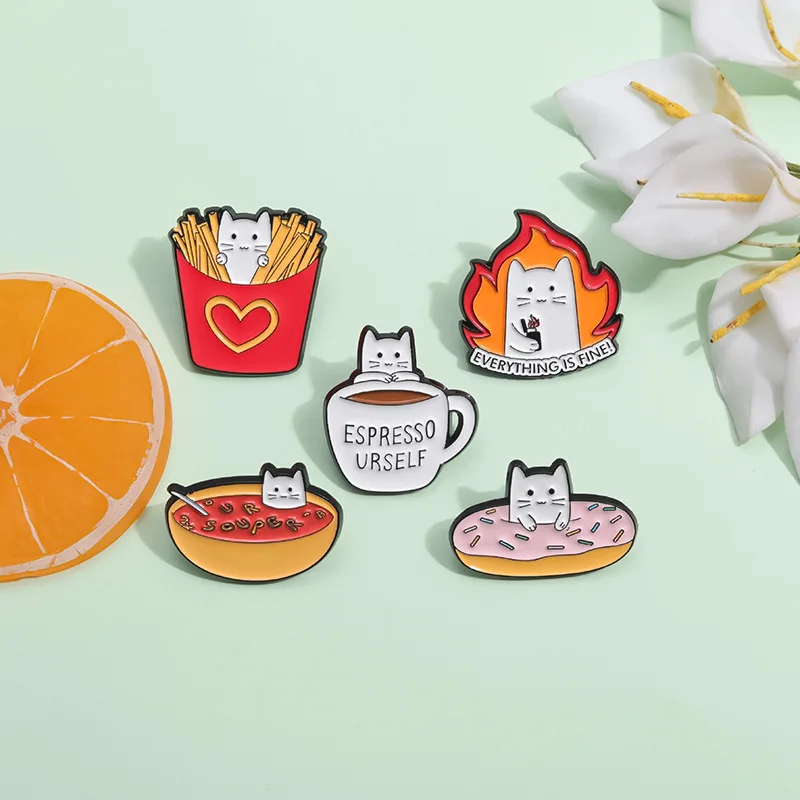 Cute Cat Donut Coffee French Fries Cartoon Brooches Clothing Hat Decorative Custom Animal Metal Pin Jewelry Gift For Kids