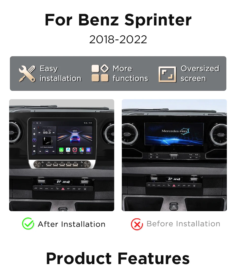 Junsun 10,1" Autoradio für Mercedes-Benz Sprinter 2018 2019-2022, kabelloses CarPlay, Android Auto, intelligente Systeme, IPS-Touchscreen mit physischen Tasten, DSP, GPS-Navigation, WiFi, DAB+, RDS, FM/RAM, BT, SWC, Plug-and-Play, 2DIN-Multimedia-Player – Detail 4
