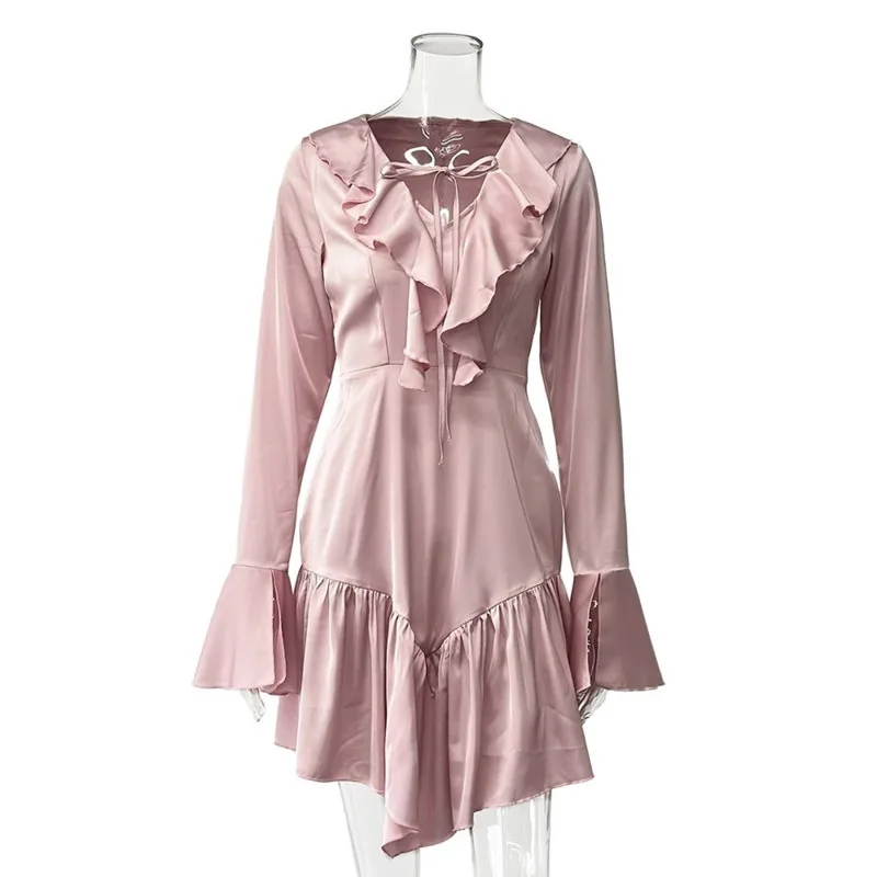 Elegant Satin Ruffle Trimmed Mini Dresses Women's 2025 New Chic Design Ruffled Neckline＆Flared Cuffs Lady Sweet＆Stylish Outfits