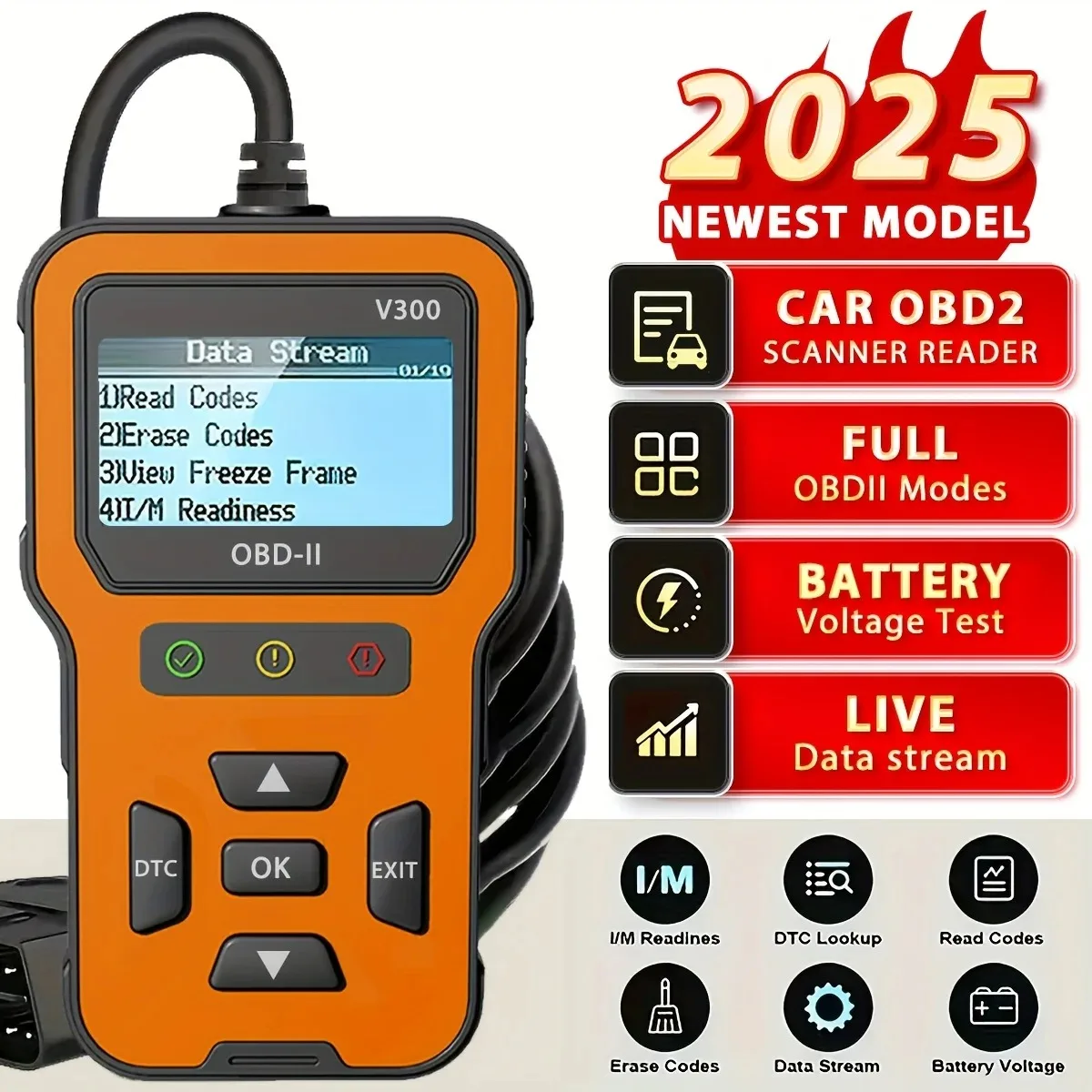 Automotive Diagnostic Tool with Fast Response for Engine Faults,Full OBD2 Modes,Suitable for All Cars After 1996,Without Battery