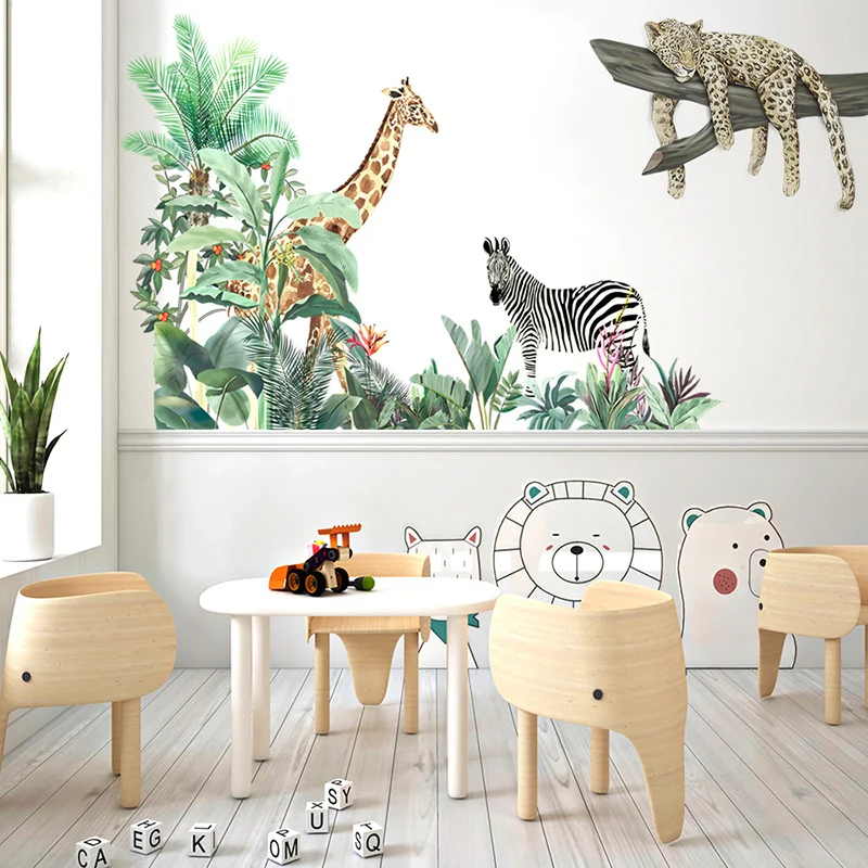 Big Nordic Jungle Animals Wall Stickers for Kids Rooms Boys Room Bedroom Decoration Elephant Giraffe Plants Wallpaper Posters