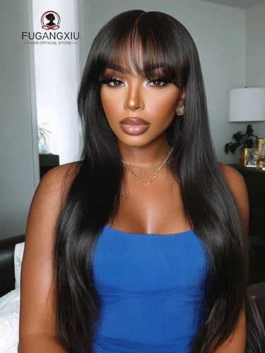 Imagen 1 del producto FGX-Peruvian peluca recta completa hecha a máquina con flequillo peluca de cabello humano de Color Natural para mujeres peluca de cabello virgen prearrancada