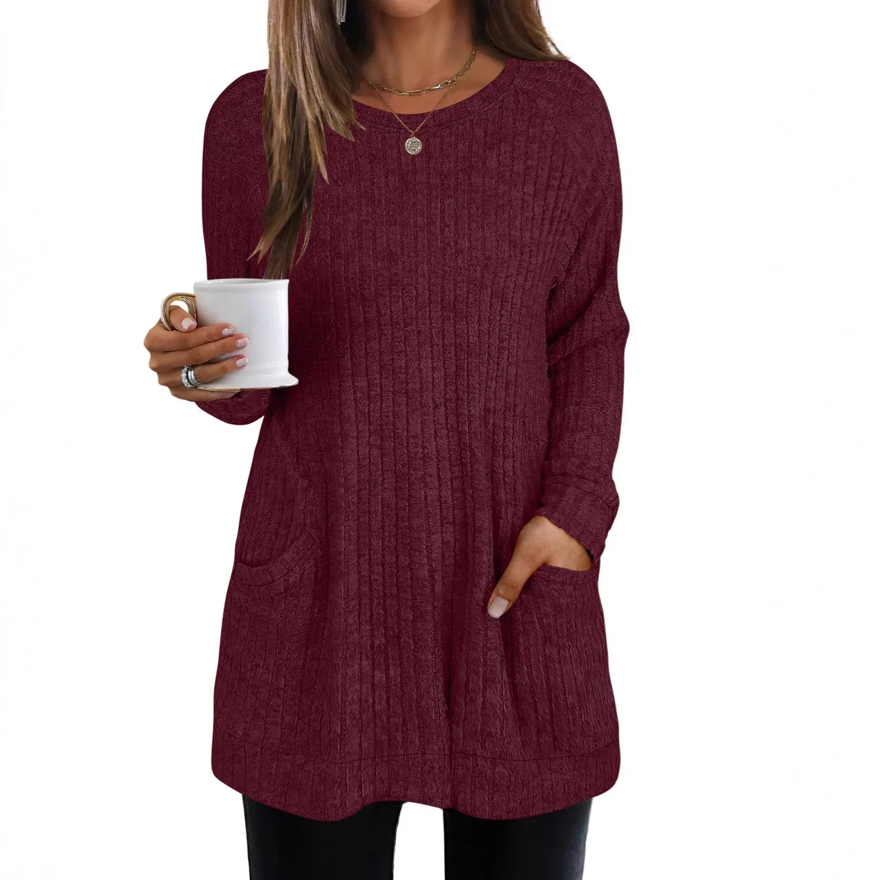 

Новинка: Свитер средней длины, вязаный, с круглым вырезом, в рубчик, однотонный, с карманами, длинный, коллекция 2026, европейско-американский стиль, осень-зима