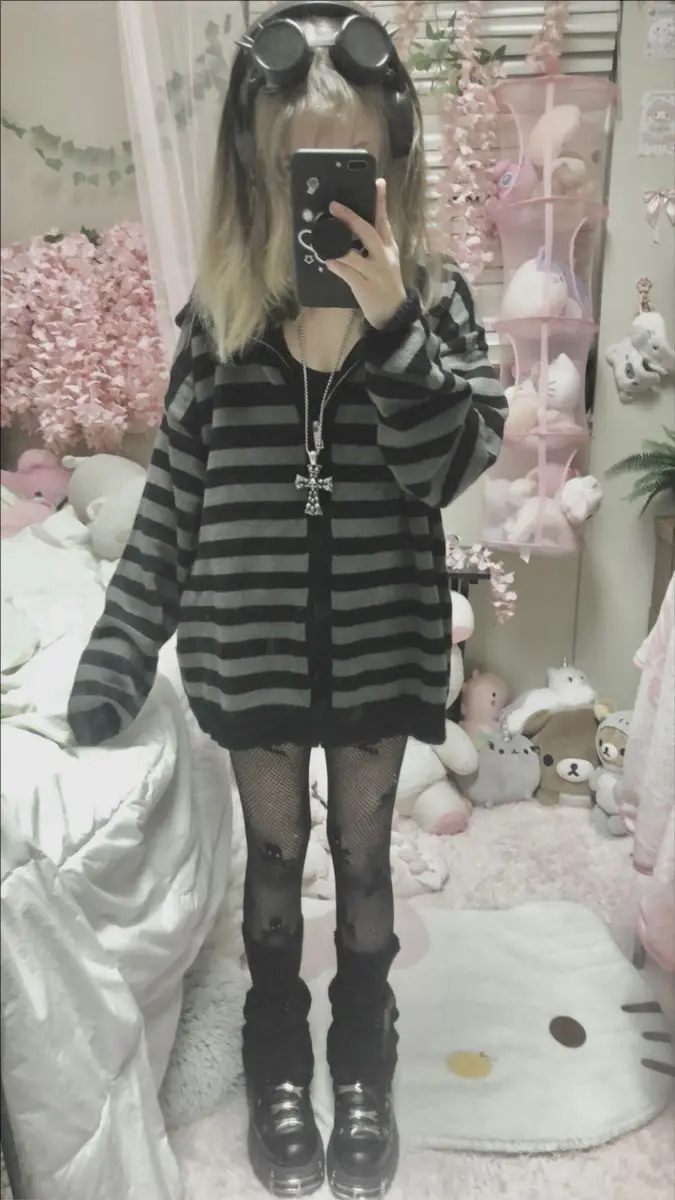 الشارع الشهير خمر Harajuku القوطية شريط مقنع البلوز معطف الجمالية ضئيلة سترة Y2k عادية الشرير الجرونج هوديس المرأة