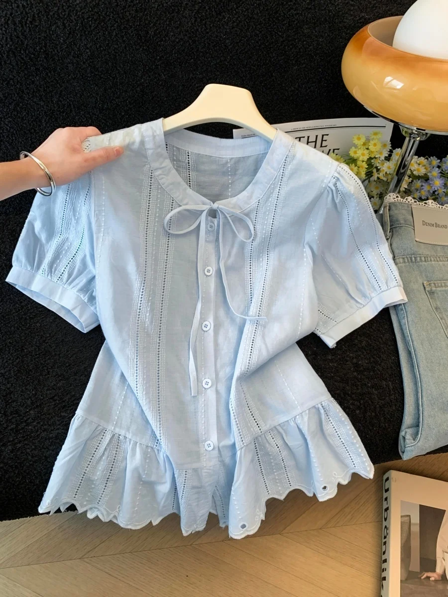 

Sweet Bow Tie Short Sleeve Shirt Women's Summer French Style Loose Fit Breathable Polyester Cotton Blend Fashionable Top