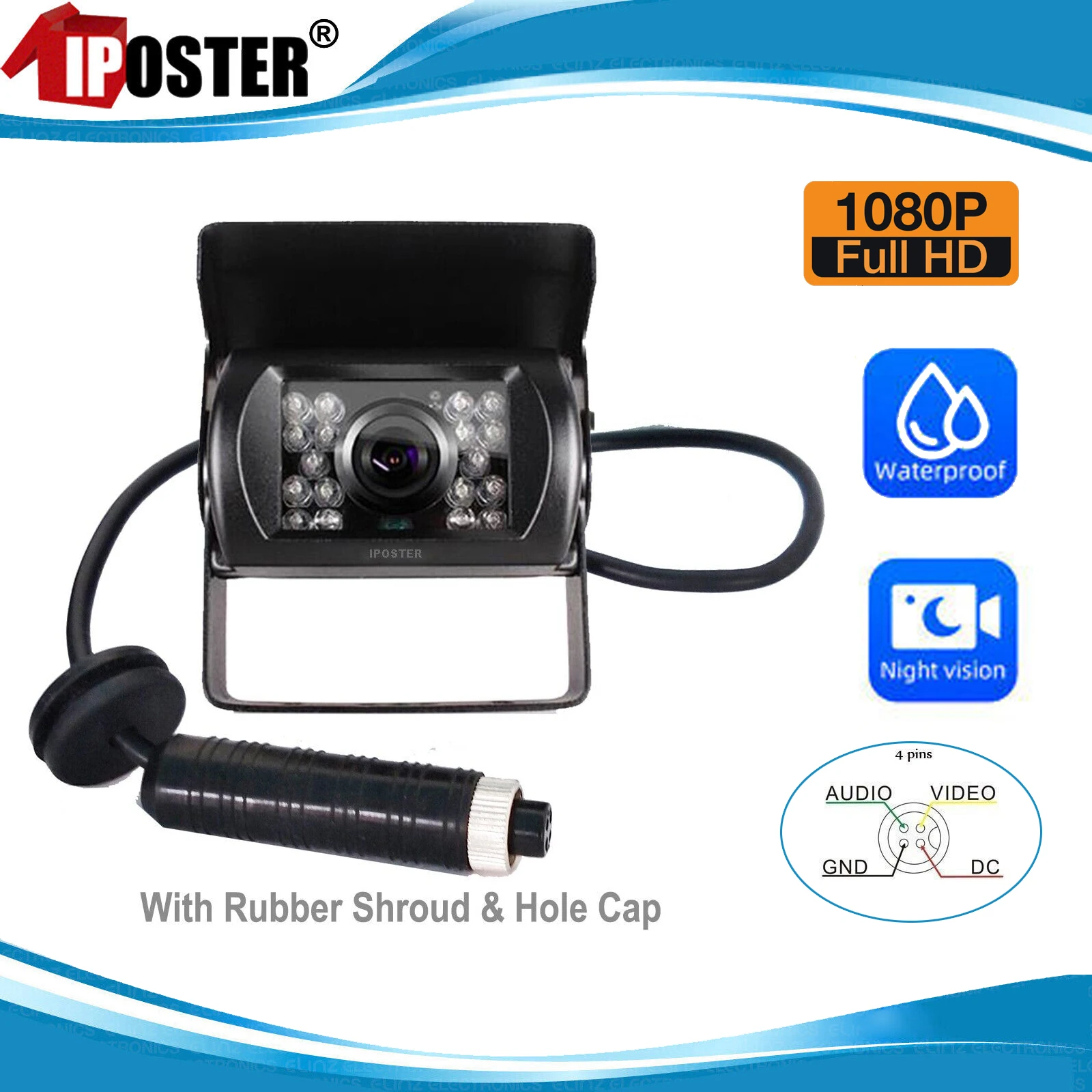 iPoster 4 PIN AHD 1080P Rear View Reversing Camera Heavy Duty Metal Case 18 IR Night Vision IP68 Waterproof 120° View For Truck