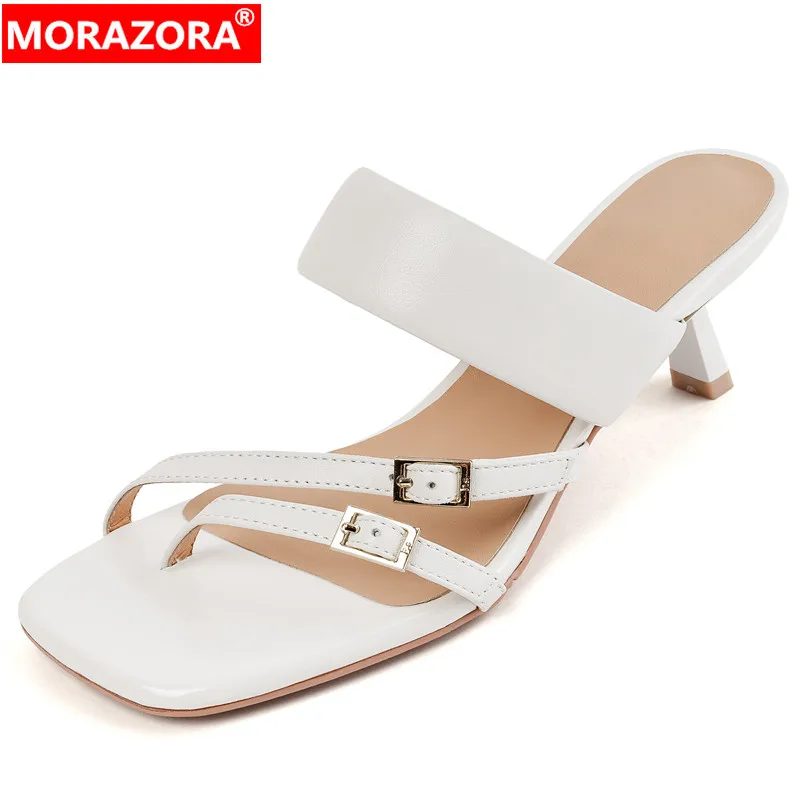 

MORAZORA 2024 New Size 34-40 Solid Ladies Outside Summer Shoes Sheepskin Modern Slippers Woman Thin High Heels Slippers