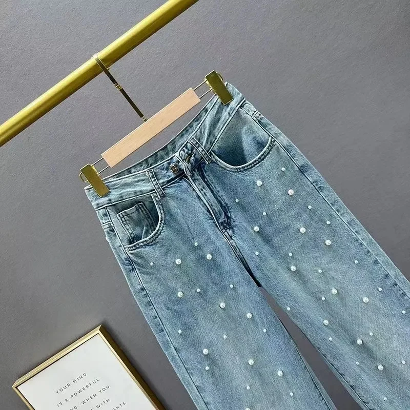 Jean Denim à Jambes Larges et Taille Haute pour Femme, Pantalon Perlé à la Mode, Nouvelle Collection Printemps et Été 2024