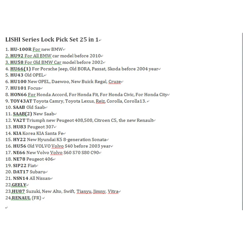 

LISHI 24 PCS First Generation Set HU66 HU83 HU87 HU92 HU101 HY22 VA2T SIP22 NSN14 HY22 HU100 smith