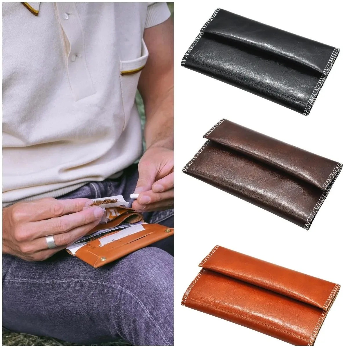 Handcrafted PU Leather Tobacco Pouch Case Bag Pipe Cigarette Storage Smoking Paper Tips Holder Wallet Bags Rolling Tool