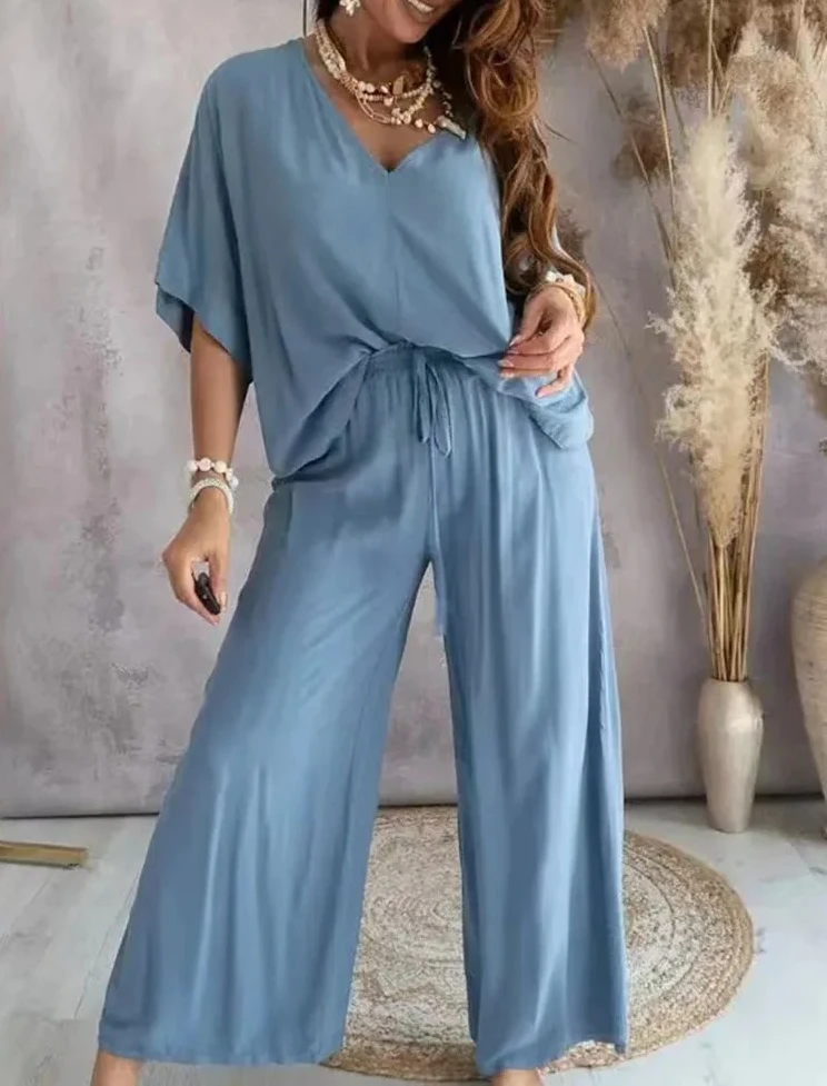 

Летний комплект из двух предметов для женщин, комплекты с длинными брюками и v-образным вырезом, рукав «летучая мышь», повседневные свободные широкие брюки, комплект из 2 предметов, однотонная одежда