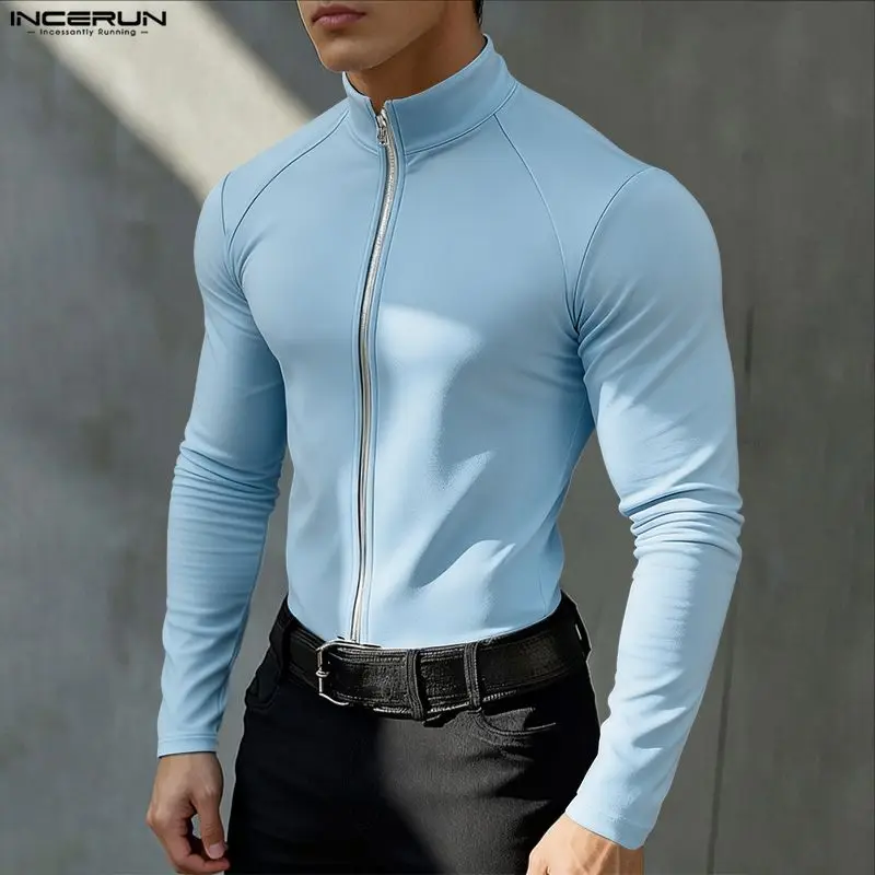 INCERUN Men T Shirt Turtleneck Long Sleeve Zipper Casual Male Tee Tops Streetwear Fashion Leisure Men Clothing Camisetas S-5XL