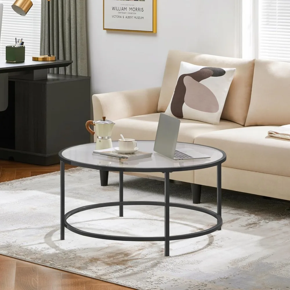 

36 Round Glass Coffee Table, Black Circle Coffee Table Center Table with Glass Top, Small Coffee Table for Living Room