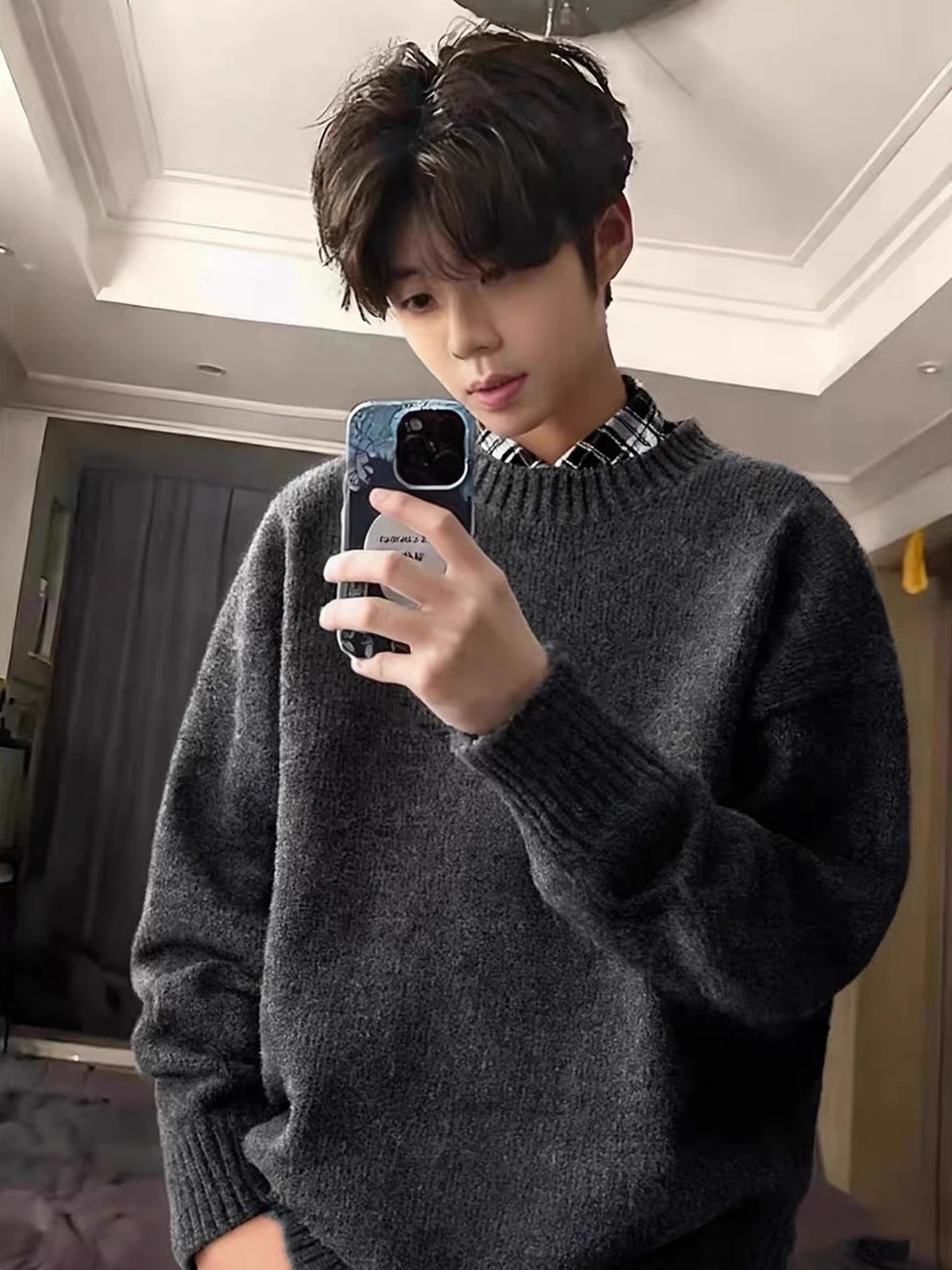 Deep ey Fce Lined Thiened round Ne Knitwear Men's Autumn Winter Casual Sle Inner Wear Base Layer Korean Lazy Sle