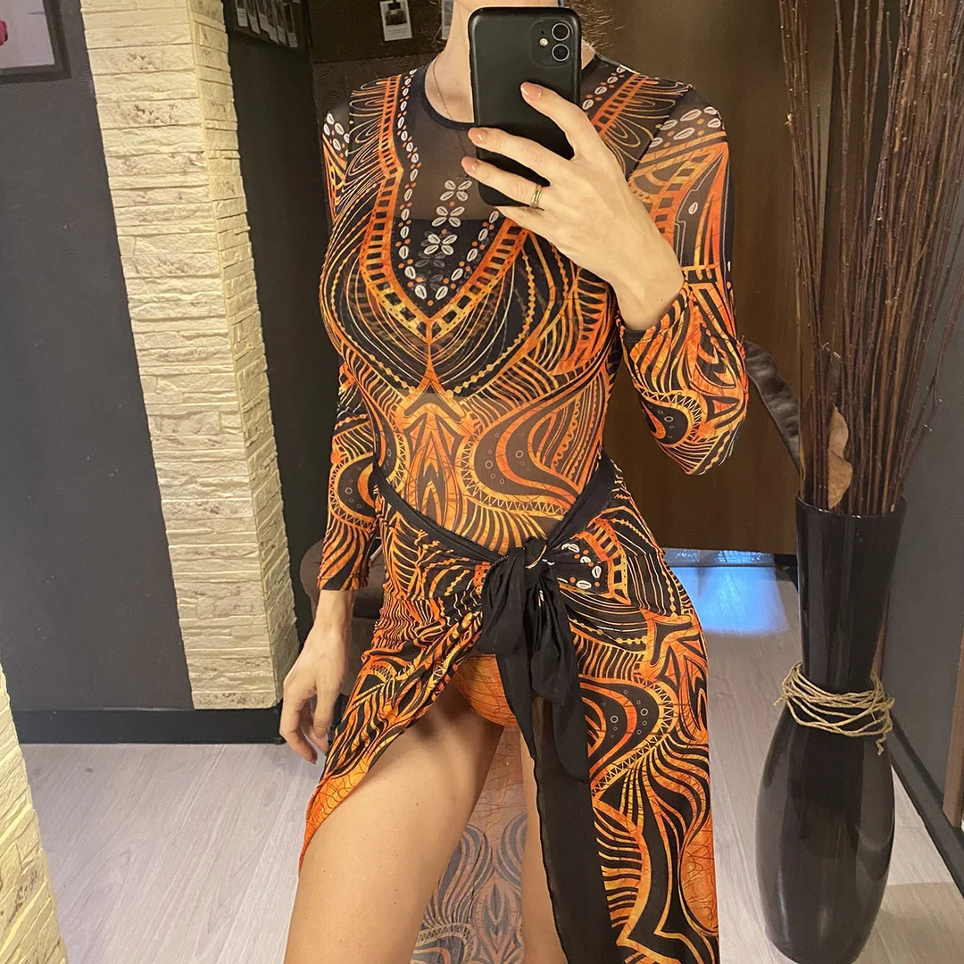 S - XXL 3-teiliges Set, neues, bedrucktes, langärmeliges Badeanzug-Set mit Hose, Sarong, Damen-Badebekleidung, einteiliger Badeanzug, Damen-Badeanzug, Badeanzug V7180 – Detail 6