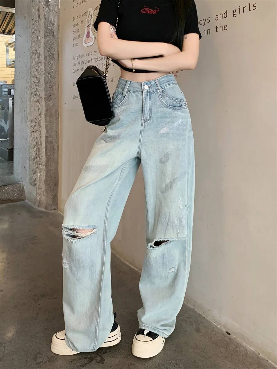 

Slergiri Y2k paint splash ripped jeans women american retro washed streetwear high waisted fashion baggy wide leg denim trousers