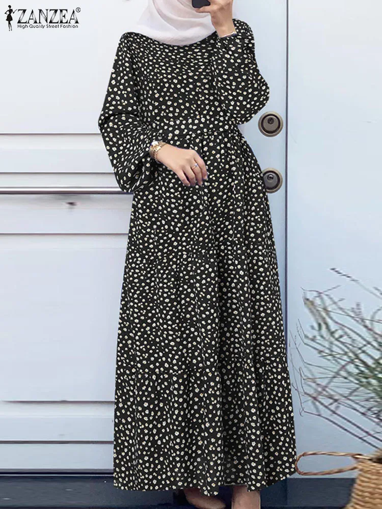 ZANZEA-vestido musulmán de Hijab turco para mujer, Vestido largo de Dubái con estampado Floral, Túnica Maxi de manga abullonada, moda de otoño