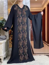 New2024 Spring African Abaya High-Grade Pearl Chiffon Fabric Long Sleeve Black Dress  Middle East  Kaftan Women's Diamonds Robes