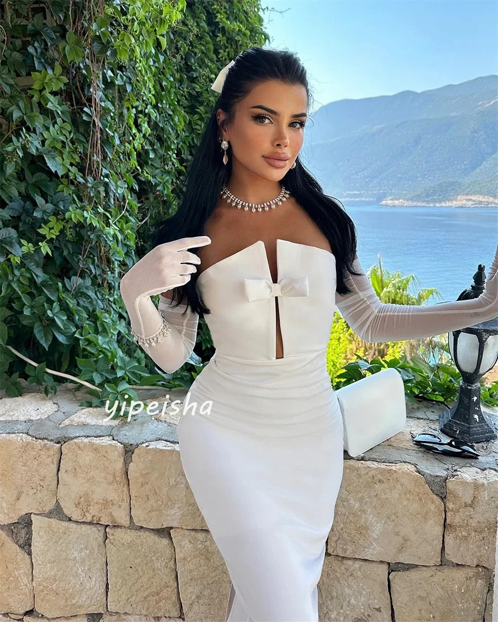 Jersey Sequined Bow Ruched Birthday A-line Off-the-shoulder Bespoke Occasion Gown Midi Dresses