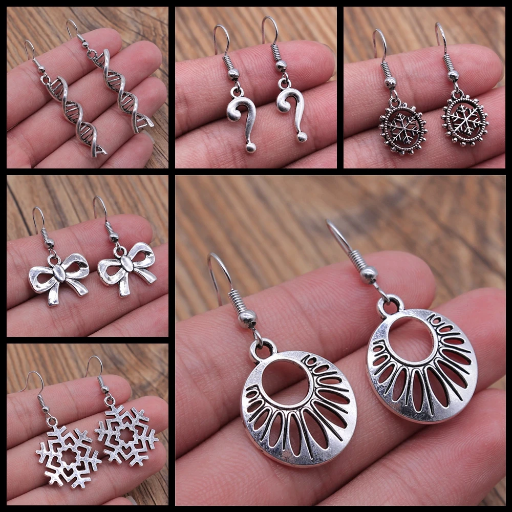 Geometric Shaped DNA Snowflake Bow Knot Infinity Dangle Earrings Vintage Antique Silver Color Earrings For Women Girl Gift